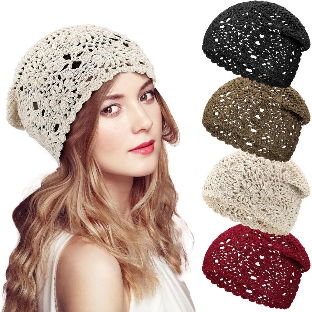 Crochet Slouchy Beanie Hats Cotton Knit Women 4-Pack Summer Fall Casual